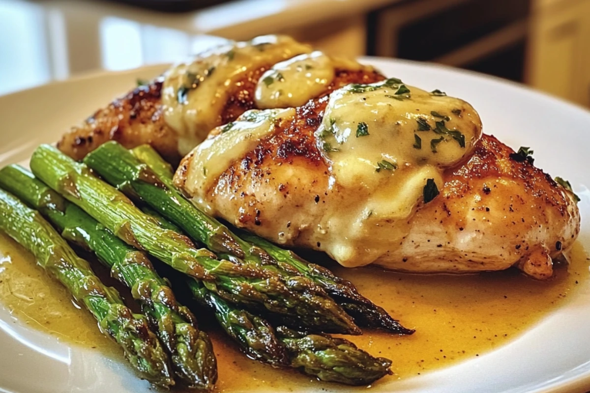 Honey Mustard Chicken with Roasted Asparagus and Cheese