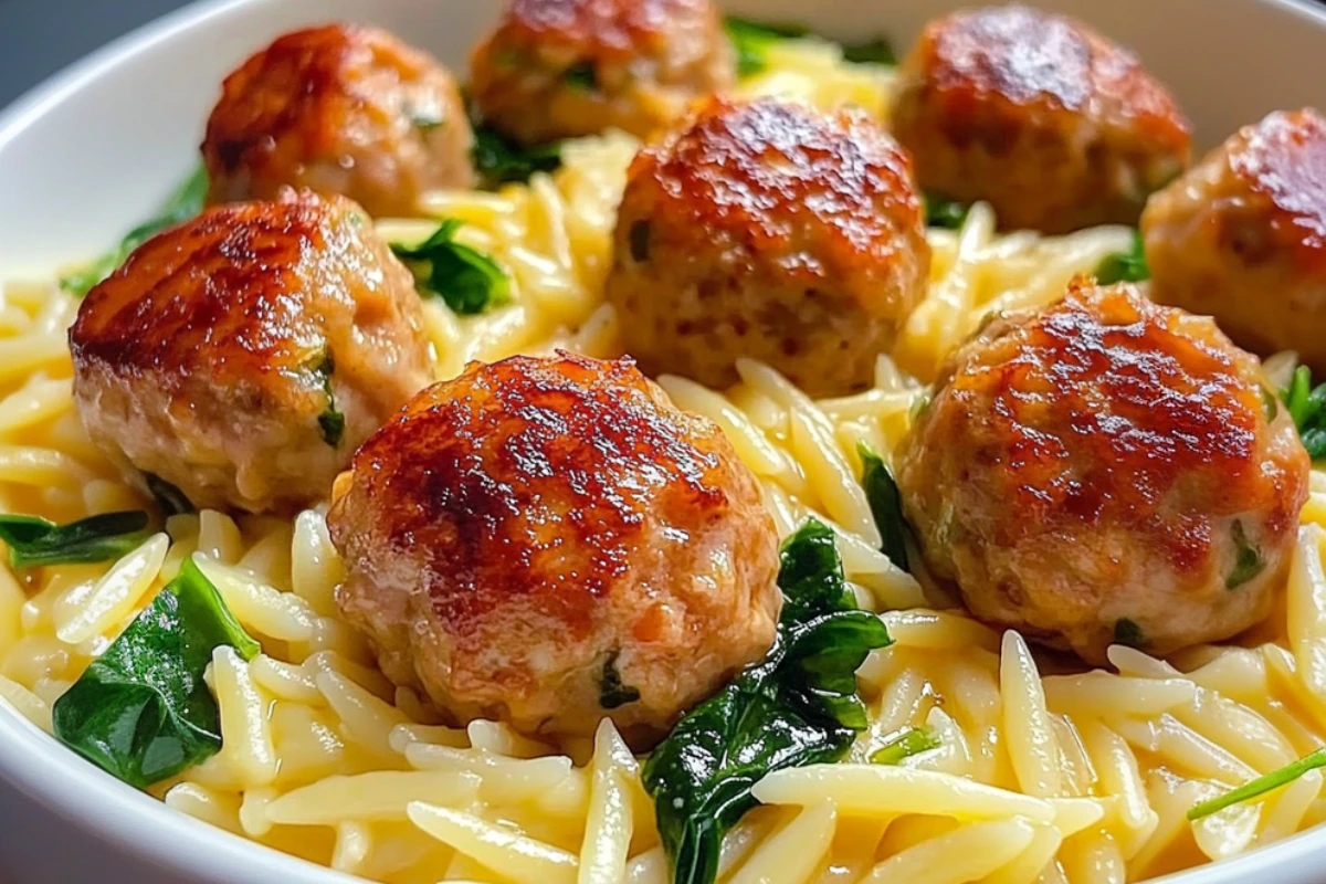 Lemony Chicken Ricotta Meatballs Over Garlic Spinach Orzo