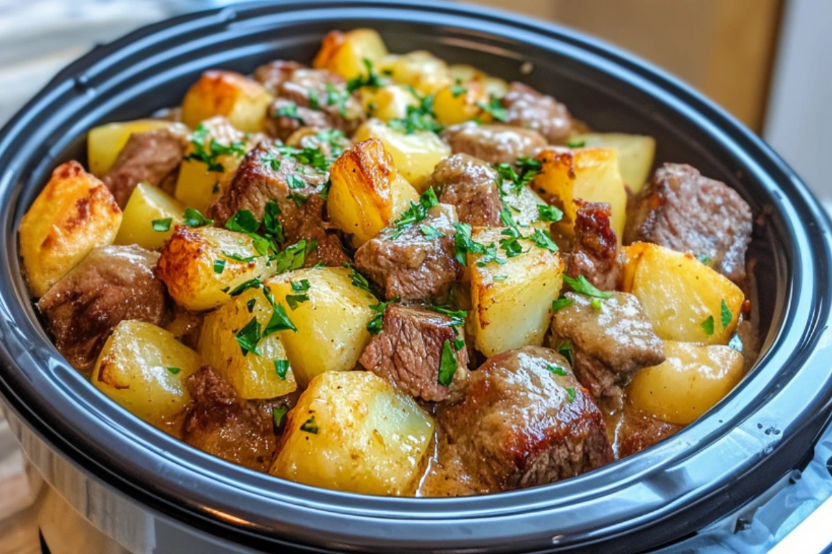 Crockpot Loaded Steak and Potato Bake