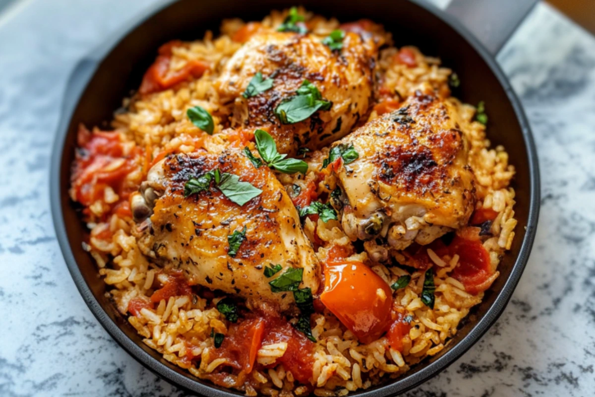 One Pan Tomato Basil Chicken and Rice