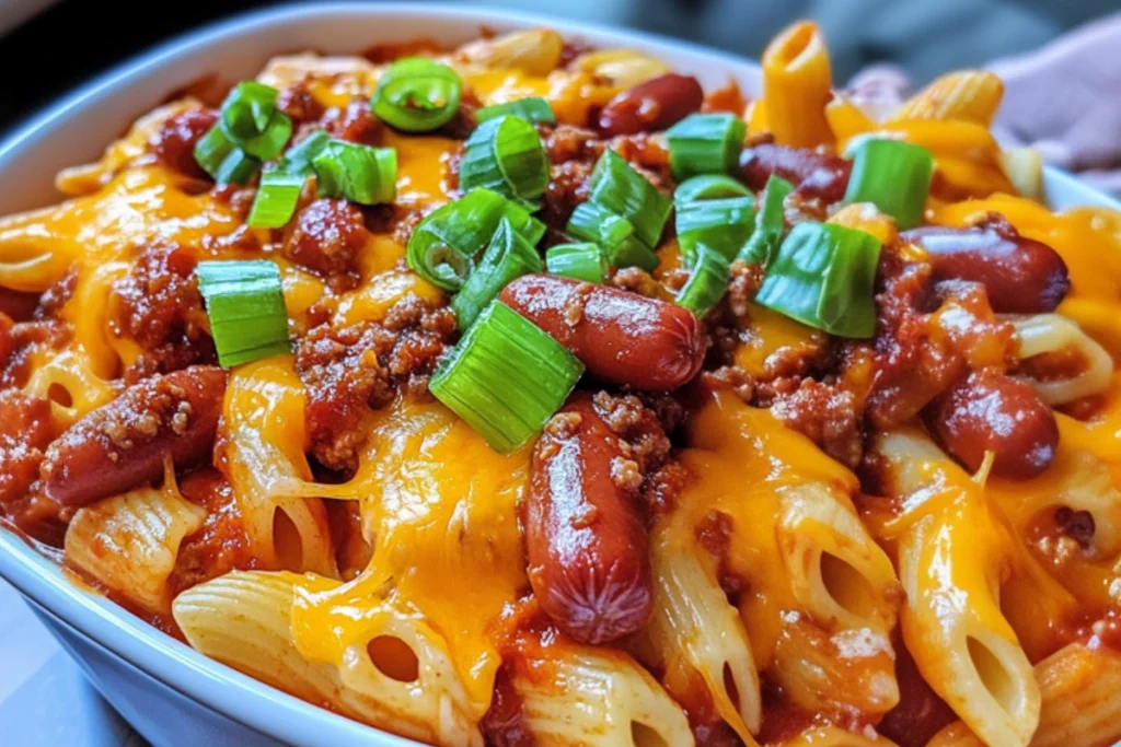 Loaded Chili Cheese Dog Pasta Bake