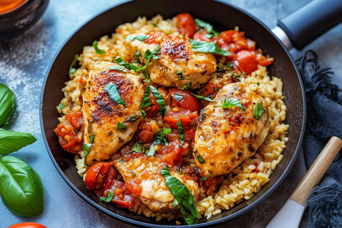 One Pan Tomato Basil Chicken and Rice
