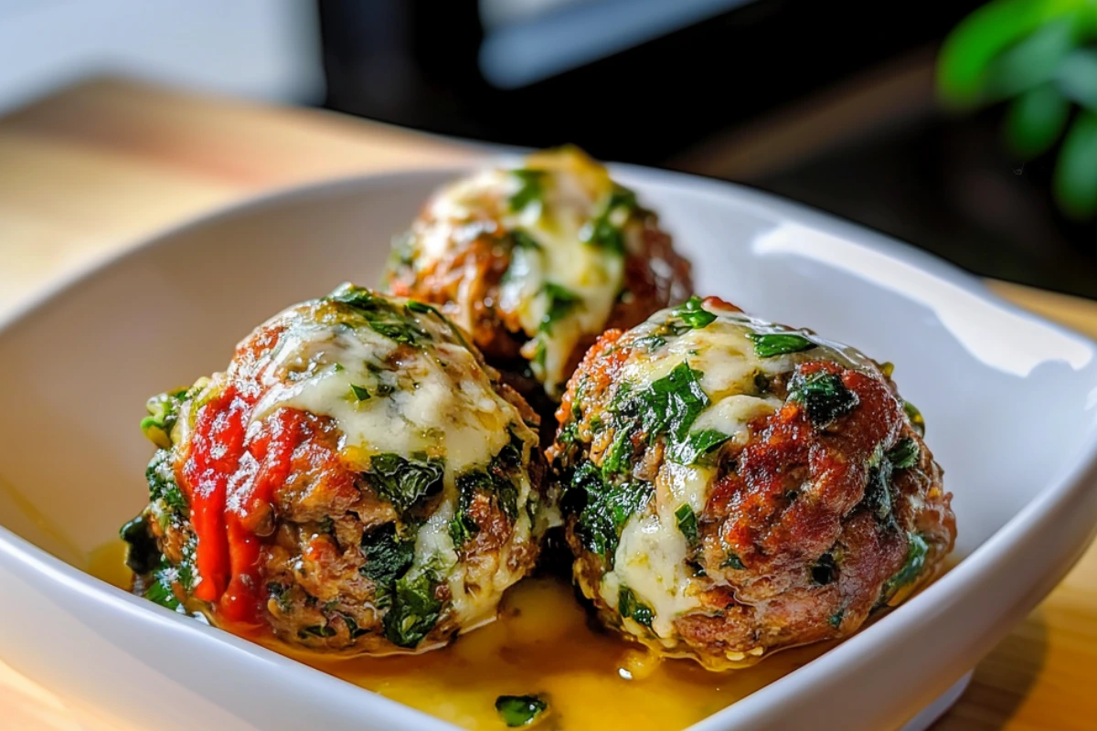 Spinach Garlic Meatballs Stuffed with Mozzarella