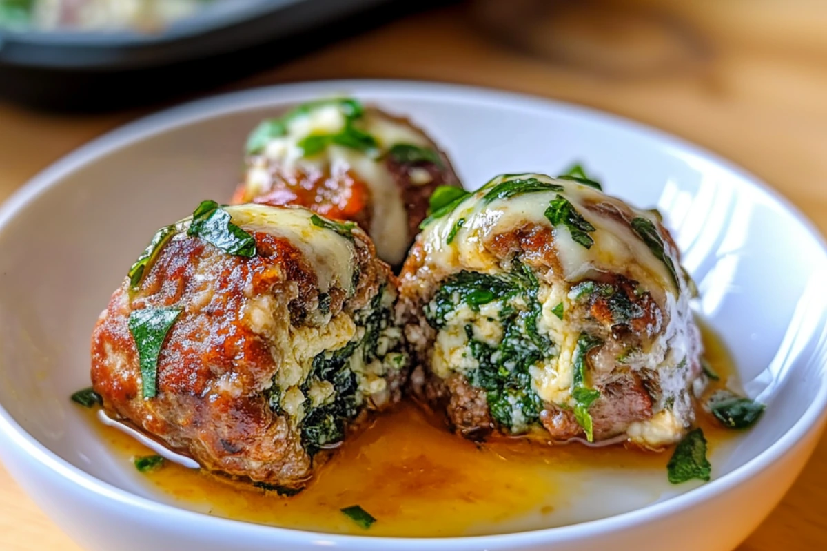 Spinach Garlic Meatballs Stuffed with Mozzarella