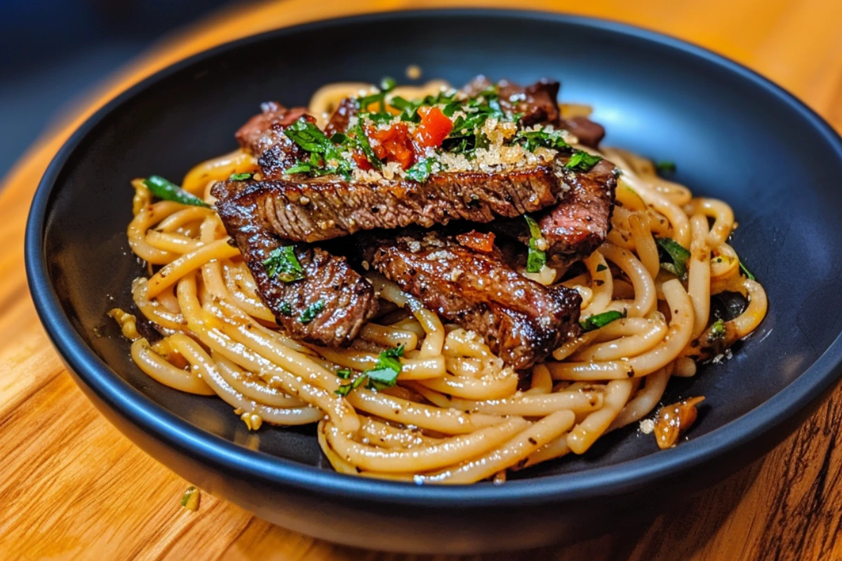 Sweet and Spicy Garlic Steak Pasta